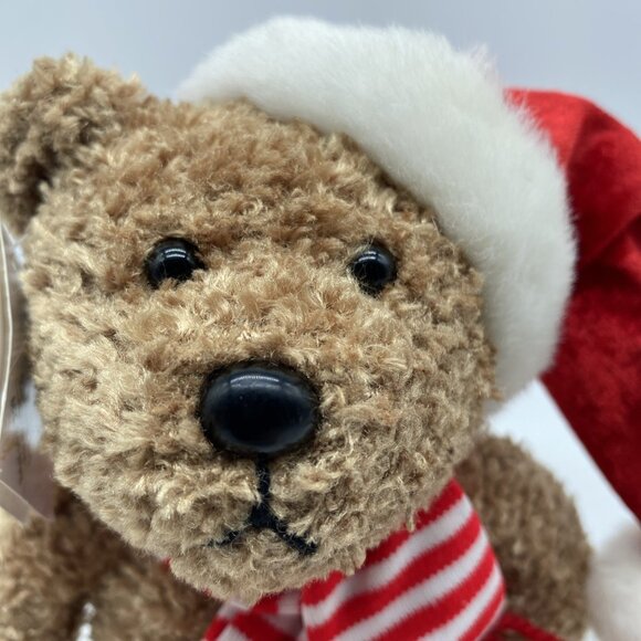 Sears Kringle Brown Bear Beanie Plush Red Santa Hat Striped Scarf Christmas 8 in - Picture 2 of 11